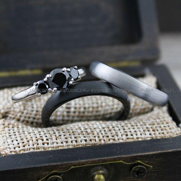 5b3fe5257a6769970917b0f96b5ab58a Couple Rings, Couple Wedding Rings, 3 Piece Couple Set Black Tungsten Bands, 4mm Couple Wedding Bands, Matching Couple Rings Couple Jewelry - Image 1