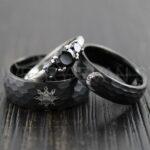 Sun and Moon Rings, Couple Rings, 3 Piece Couple Set Black Tungsten Bands, Matching Wedding Rings, Sun and Moon Wedding Bands, Sun Ring