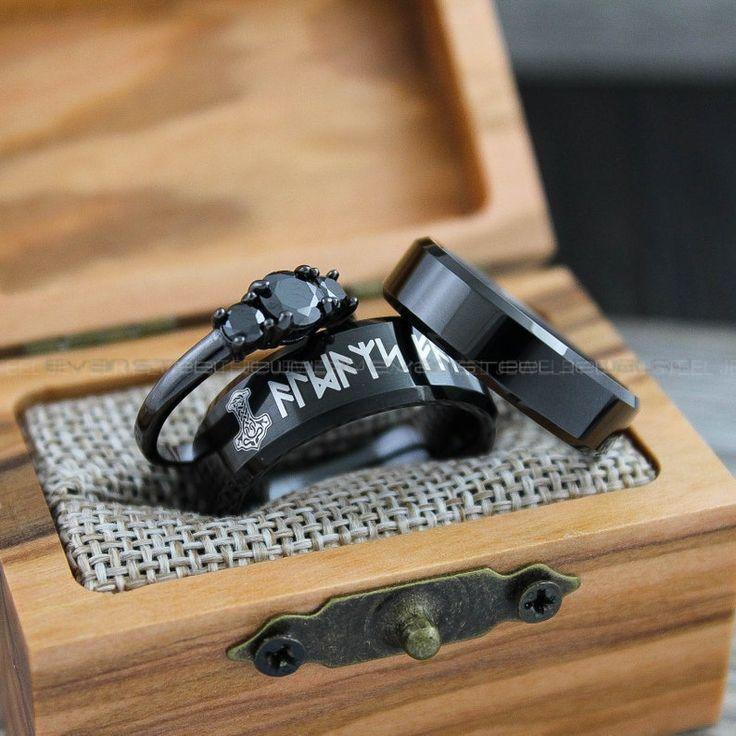 6122f778e3f23a626f563d39a3edc325 Mjolnir Rings, Vikings Rings, Viking Runes Rings, Norsemen Rings, Nordic Runes Rings, Black Tungsten Bands, Black Wedding Rings, Black Wedding Bands - Image 1