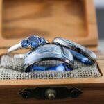 Damascus Steel Rings, Damascus Steel Wedding Rings, 3 Piece Couple Set Blue Tungsten Bands .925 Sterling Silver Three Stone Engagement Ring