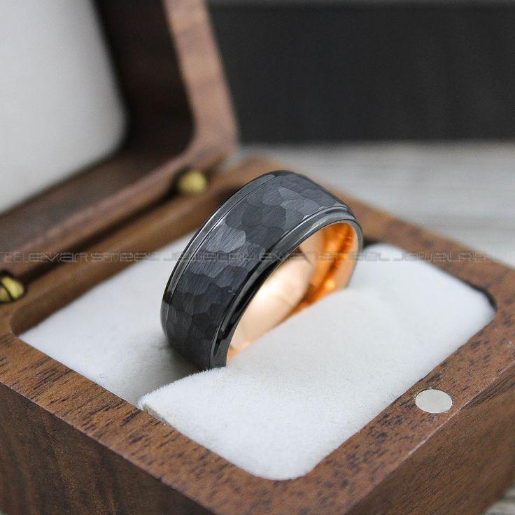 64e58a8eb073f4008bbdf7e01634b5df Hammered Ring, Hammered Wedding Ring, Black Wedding Ring, Black Wedding Band, Couple Rings, Rose Gold Wedding Band, Rose Gold Wedding Ring - Image 1