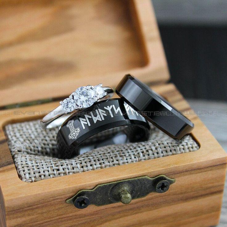 64fa75a17e0d1ae3e438b8b6a56e4c8e Mjolnir Rings, Vikings Rings, Viking Runes Rings, Norsemen Rings, Nordic Runes Rings, Black Tungsten Bands, Black Wedding Rings, Black Wedding Bands - Image 1
