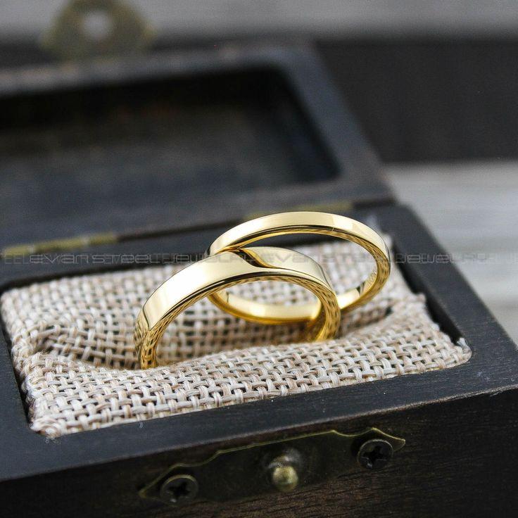 67699f48a1420701a213fe1bb721ddc8 Couple Rings, Couple Wedding Rings, 2 Piece Couple Set Yellow Gold Tungsten Bands, Couple Wedding Bands, Matching Rings - Image 1