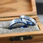 Damascus Steel Rings, Damascus Steel Wedding Rings, 3 Piece Couple Set Blue Tungsten Bands .925 Sterling Silver Stone Engagement Ring - Image 4