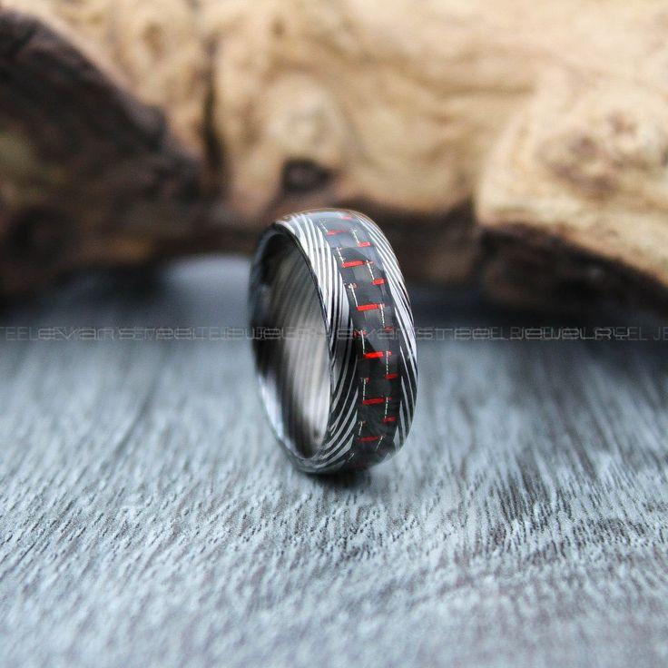 67acf8e4fc3af711bcd92c0168a7e590 Damascus Steel Ring, 8mm Black Tungsten Band with Domed Edge Black and Red Carbon Fiber Inlay Damascus Steel Pattern Laser Engraved - Image 1