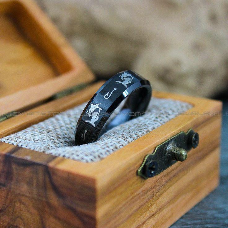 69ce4ebeb0c2e7486f8884a4ddc988d4 Fishing Ring, Catfish Ring, Hunting Ring, Fishing Wedding Ring, Black Wedding Ring His Wedding Ring Groom Wedding Ring, Hunting Wedding Ring - Image 1
