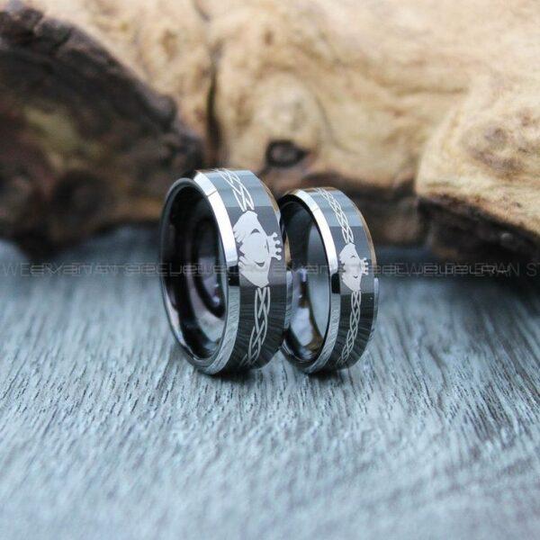 Claddagh Rings, Claddagh Wedding Rings, 2 Piece Couple Set Black Tungsten Bands with Beveled Edge Irish Celtic Knot Claddagh Wedding Bands