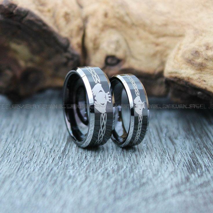 6c88713a9868e61228bbdd7eb25bab2b Claddagh Rings, Claddagh Wedding Rings, 2 Piece Couple Set Black Tungsten Bands with Beveled Edge Irish Celtic Knot Claddagh Wedding Bands - Image 1
