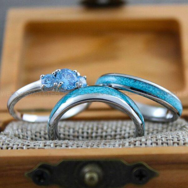 Turquoise Rings, Silver Wedding Rings, 3 Piece Couple Set Silver Tungsten Bands With Turquoise Inlay, Silver Wedding Rings, Couple Rings