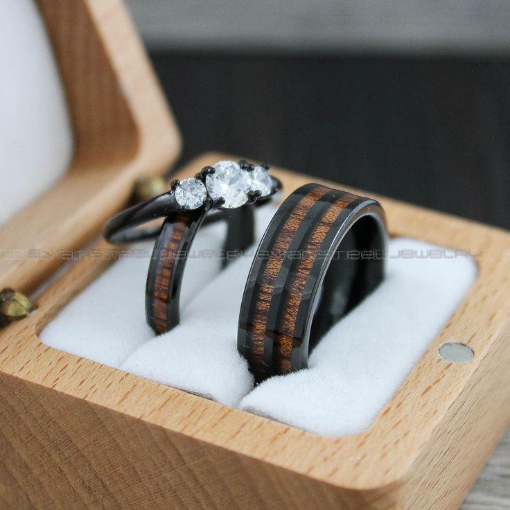 747ab8011865dedc241e45e283322447 Wood Rings, Wood Wedding Bands, Wood Wedding Rings, 3 Piece Couple Set Tungsten Bands with Wood Inlay, Couple Rings, Matching Wood Rings - Image 1