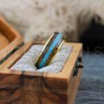 Turquoise Ring, Turquoise Wedding Ring, Turquoise Wedding Band, Yellow Gold Wedding Ring, Yellow Gold Tungsten Band, Whiskey Barrel Wood Ring - Image 6