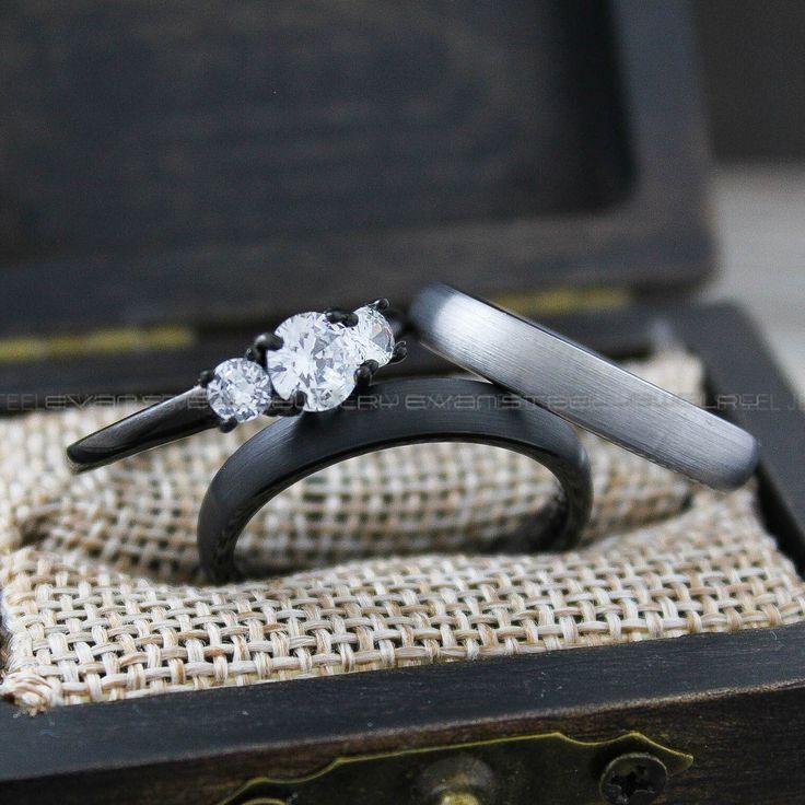 78753b963432d4ad744d3354238fddc4 Couple Rings, Couple Wedding Rings, 3 Piece Couple Set Black Tungsten Bands, 4mm Couple Wedding Bands, Matching Couple Rings Couple Jewelry - Image 1