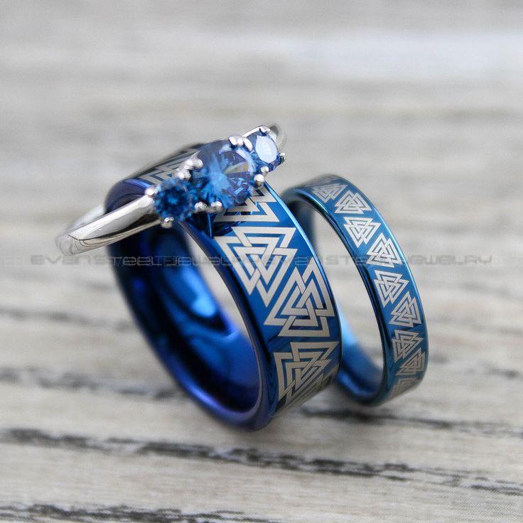 79f98815622a8e636913a7d5f7720262 Til Valhalla Rings, Valknut Rings, Valknut Viking Rings, Couple Set Nordic Rings, Norsemen Rings, Nordic Runes Rings, Blue Tungsten Bands - Image 1