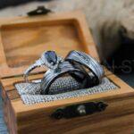 Damascus Steel Rings, Damascus Steel Wedding Rings, 3 Piece Couple Set Black Tungsten Bands .925 Sterling Silver Stone Engagement Ring