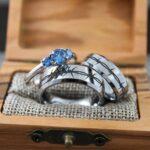 Barbed Wire Rings, Barb Wire Ring, 3 Piece Couple Set 8mm & 6mm Silver Tungsten Bands Beveled Edge Polished Finish Barb Wire Laser Engraved