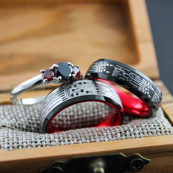 7c6ce52673780dfd68aae5d2426e27d7 Gamer Rings, Circuit Board Rings, 3 Piece Couple Set Black Tungsten Bands Circuit Board Pattern, Gamer Wedding Rings, Couple Wedding Bands - Image 1