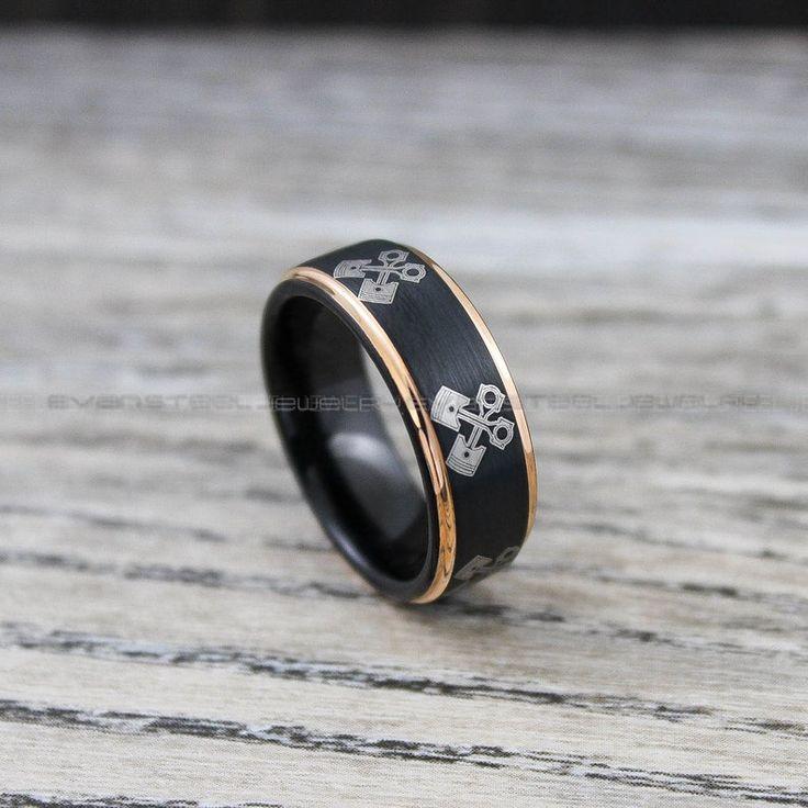 7d5a78f89382811cee55498b4211c82e Mechanic Ring, Piston Ring, Pistons Ring, Engine Ring, 8mm Black Tungsten Band Step Edge, Engine Pistons Design Ring, Black Tungsten Ring - Image 1