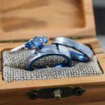 Damascus Steel Rings, Damascus Steel Wedding Rings, 3 Piece Couple Set Blue Tungsten Bands .925 Sterling Silver Stone Engagement Ring