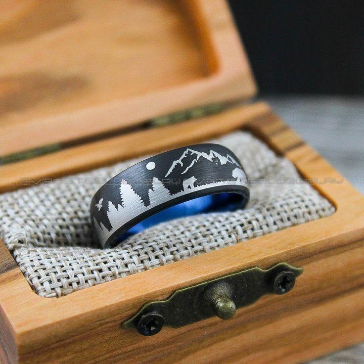 7eecf2e8e47f01285b48aa0909dd6313 Forest Ring, Mountain Range Ring, Boreal Forest Ring, 8mm Black Tungsten Ring, Fir Trees Ring, Outdoors Landscape Ring, Bear Ring, Wolf Ring - Image 1