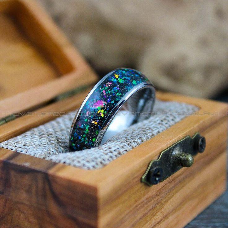 82dce759eef3bf45cfc692119e574429 Orion Nebula Ring, Galaxy Ring, Opal Ring, Silver Opal Ring, Silver Tungsten Ring, Opal Wedding Ring, Opal Wedding Ring, Silver Wedding Band - Image 1
