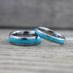 Turquoise Rings, Silver Wedding Rings, 2 Piece Couple Set Silver Tungsten Bands With Turquoise Inlay, Silver Wedding Rings, Couple Rings