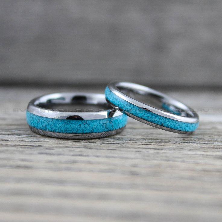 830365a0cef76209c884e3567ffc5193 Turquoise Rings, Silver Wedding Rings, 2 Piece Couple Set Silver Tungsten Bands With Turquoise Inlay, Silver Wedding Rings, Couple Rings - Image 1