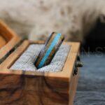 Turquoise Ring, Turquoise Wedding Ring, Turquoise Wedding Band, Black Wedding Ring, Black Tungsten Band, Whiskey Barrel Wood Ring - Image 5