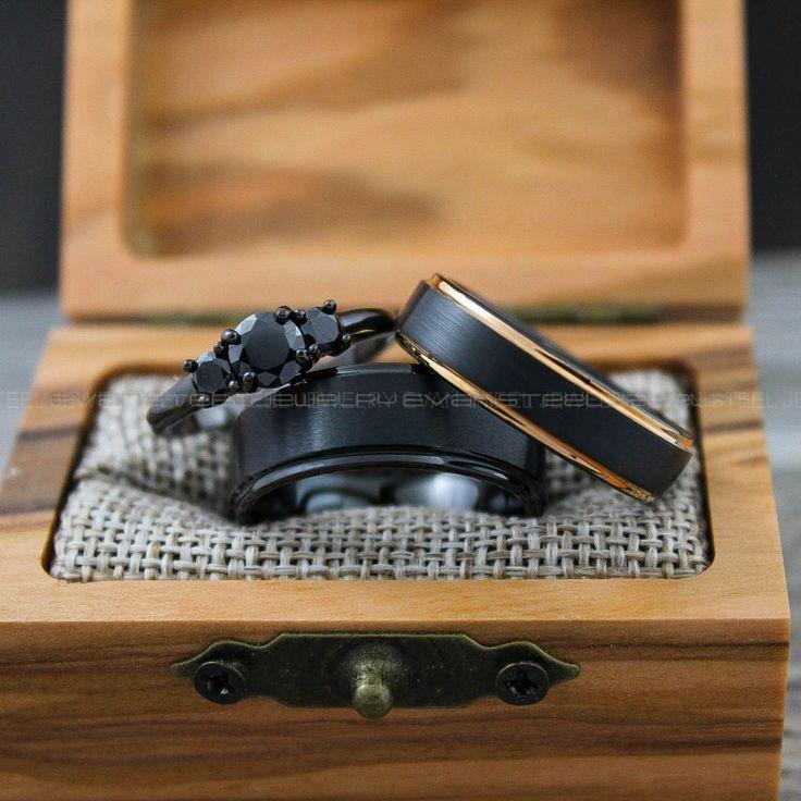 8754a0580bd1c2201919deaef4d4270d Couple Rings, Couple Wedding Bands, Matching Couple Rings, 3 Piece Wedding Ring Set, Black Wedding Rings, Black Wedding Bands, Bridal Rings - Image 1