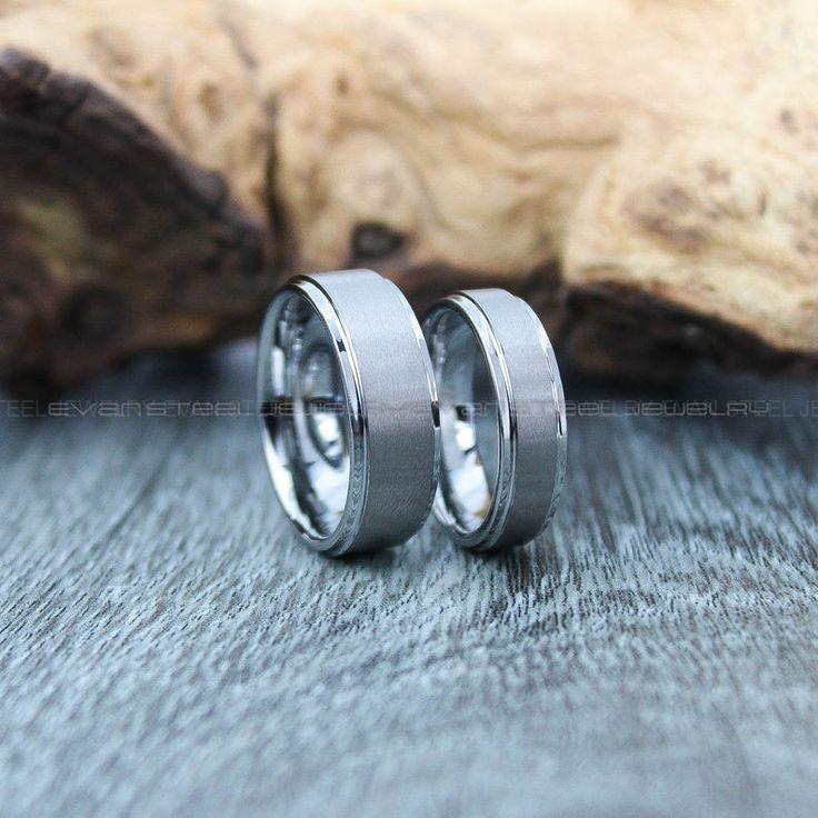 898e3209bb1845231e3b74d5f250d398 Couple Rings, Matching Wedding Rings, 2 Piece Couple Set Silver Tungsten Bands with Step Edge Matte Finish, Silver Tungsten Wedding Bands - Image 1
