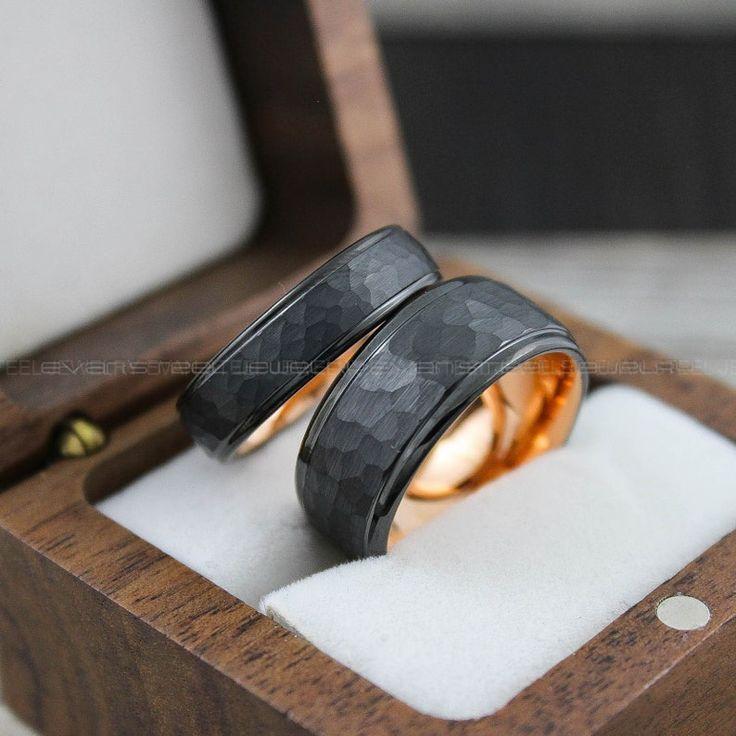 8b8348fcff4e4c8845f99a90788457e5 Hammered Rings, Hammered Wedding Rings, Couple Rings, 2 Piece Couple Ring Set, Matching Rings, Black Wedding Rings, Black Wedding Bands - Image 1