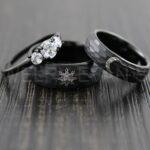 Sun and Moon Rings, Couple Rings, 3 Piece Couple Set Black Tungsten Bands, Matching Wedding Rings, Sun and Moon Wedding Bands, Sun Ring