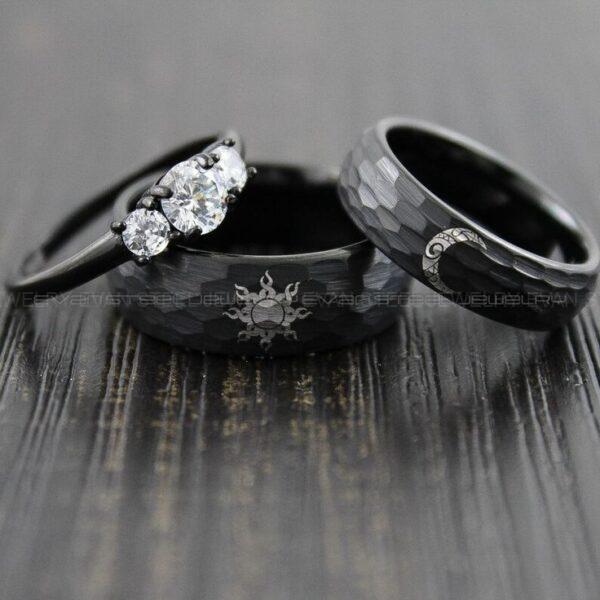 Sun and Moon Rings, Couple Rings, 3 Piece Couple Set Black Tungsten Bands, Matching Wedding Rings, Sun and Moon Wedding Bands, Sun Ring