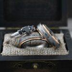 Damascus Steel Rings, Damascus Steel Wedding Rings, 3 Piece Couple Set Black Tungsten Bands .925 Sterling Silver Three Stone Engagement Ring