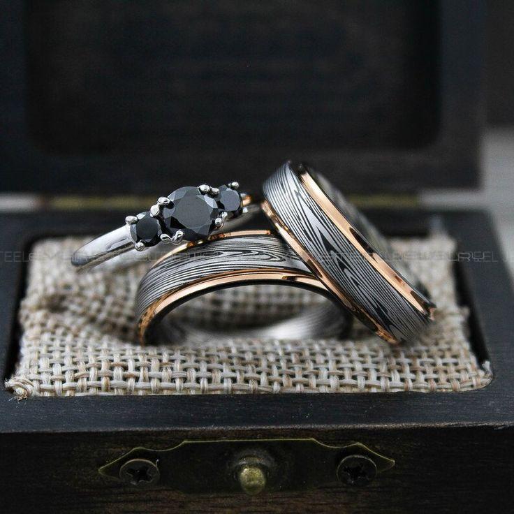 90063aee00a42f43862888378299cd2b Damascus Steel Rings, Damascus Steel Wedding Rings, 3 Piece Couple Set Black Tungsten Bands .925 Sterling Silver Three Stone Engagement Ring - Image 1