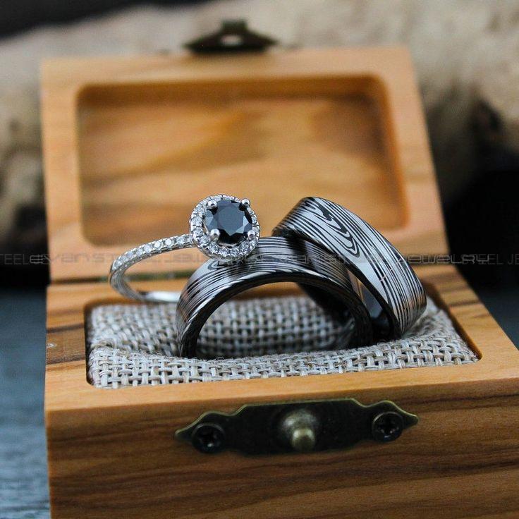 99f0fff62f6d643750de6a65c3961d53 Damascus Steel Rings, Damascus Steel Wedding Rings, 3 Piece Couple Set Black Tungsten Bands .925 Sterling Silver Stone Engagement Ring - Image 1