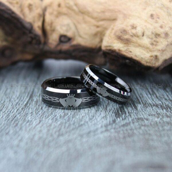 Claddagh Rings, Claddagh Wedding Rings, 2 Piece Couple Set Black Tungsten Bands with Beveled Edge Irish Celtic Knot Claddagh Wedding Bands