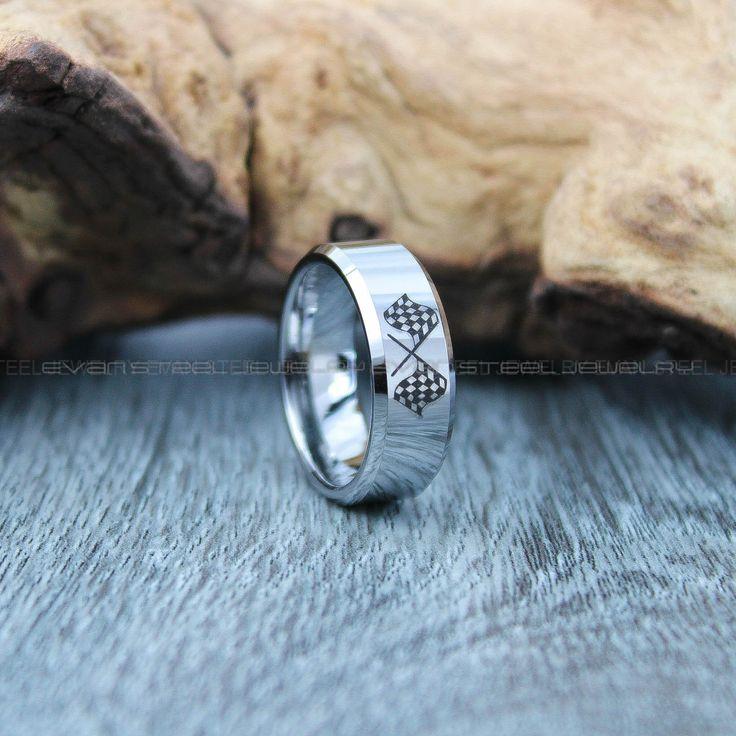 9f06a2e8e6ae48060d835dc694064be1 Racing Ring, Car Racing Ring, 8mm Silver Tungsten Band with Beveled Edge Checkered Racing Flags Laser Engraved Silver Tungsten Racing Ring - Image 1