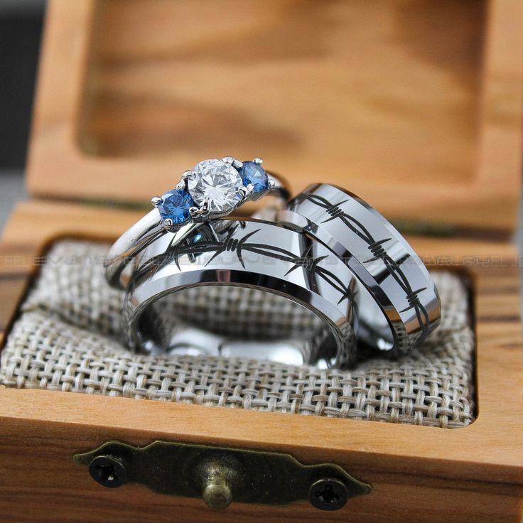 9fa0142c387541248c32e57318d27715 Barbed Wire Rings, Barb Wire Ring, 3 Piece Couple Set 8mm and 6mm Silver Tungsten Bands Beveled Edge Polished Finish Barb Wire Laser Engraved - Image 1