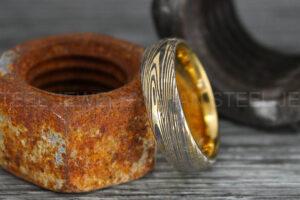 Damascus Steel Ring, Damascus Steel Wedding Ring, Damascus Steel Wedding Band, Yellow Gold Wedding Ring, Yellow Gold Damascus Steel Wedding Ring
