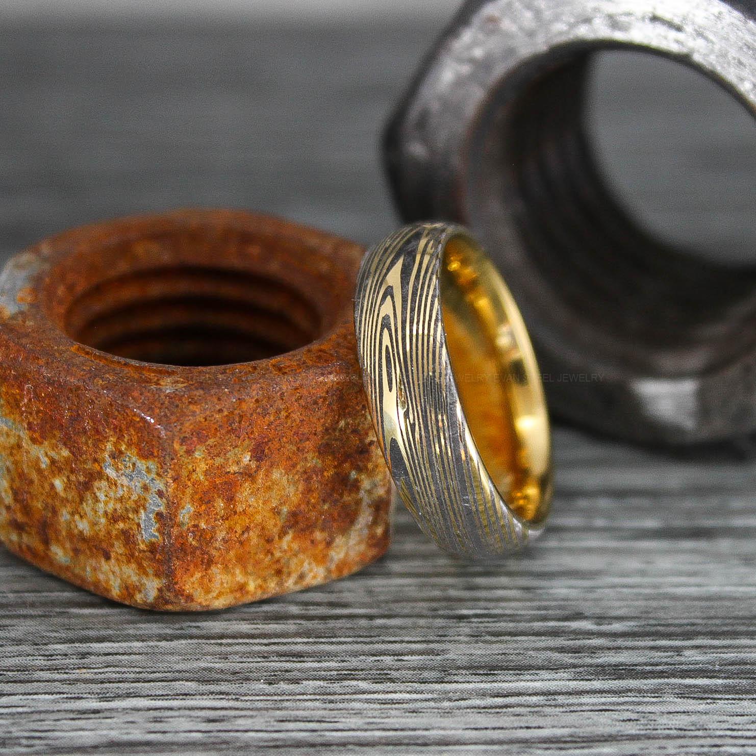 IMG_0342 Damascus Steel Ring, Damascus Steel Wedding Ring, Damascus Steel Wedding Band, Yellow Gold Wedding Ring, Yellow Gold Damascus Steel Wedding Ring - Image 1