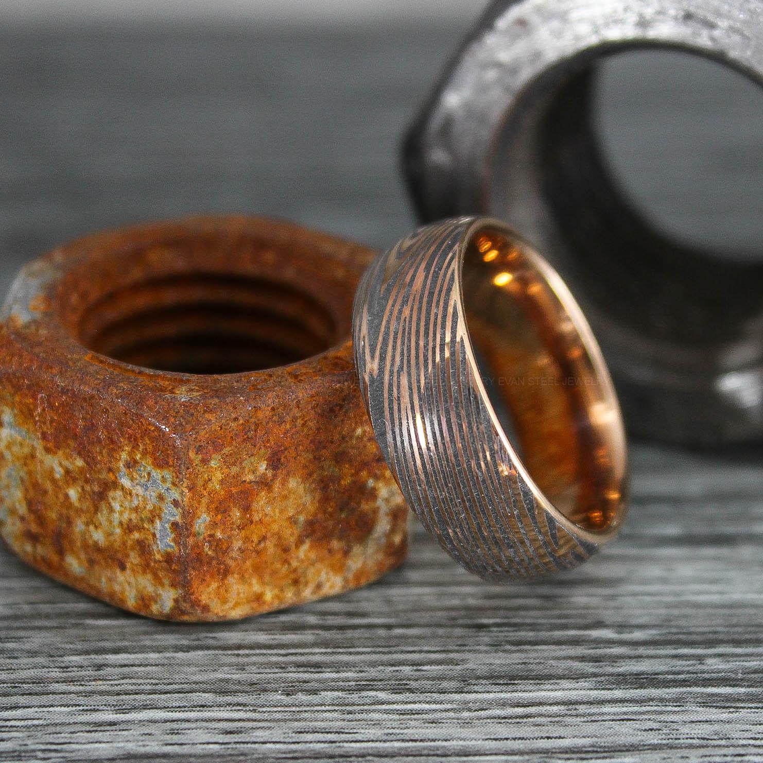 IMG_0343 Damascus Steel Ring, Damascus Steel Wedding Ring, Damascus Steel Wedding Band, Rose Gold Wedding Ring, Rose Gold Damascus Steel Wedding Ring - Image 1