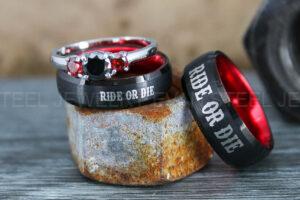 Ride or Die Rings, Ride or Die Wedding Rings, 3 Piece Couple Set Black Tungsten Bands, 3mm .925 Sterling Silver Three Stone Engagement Ring