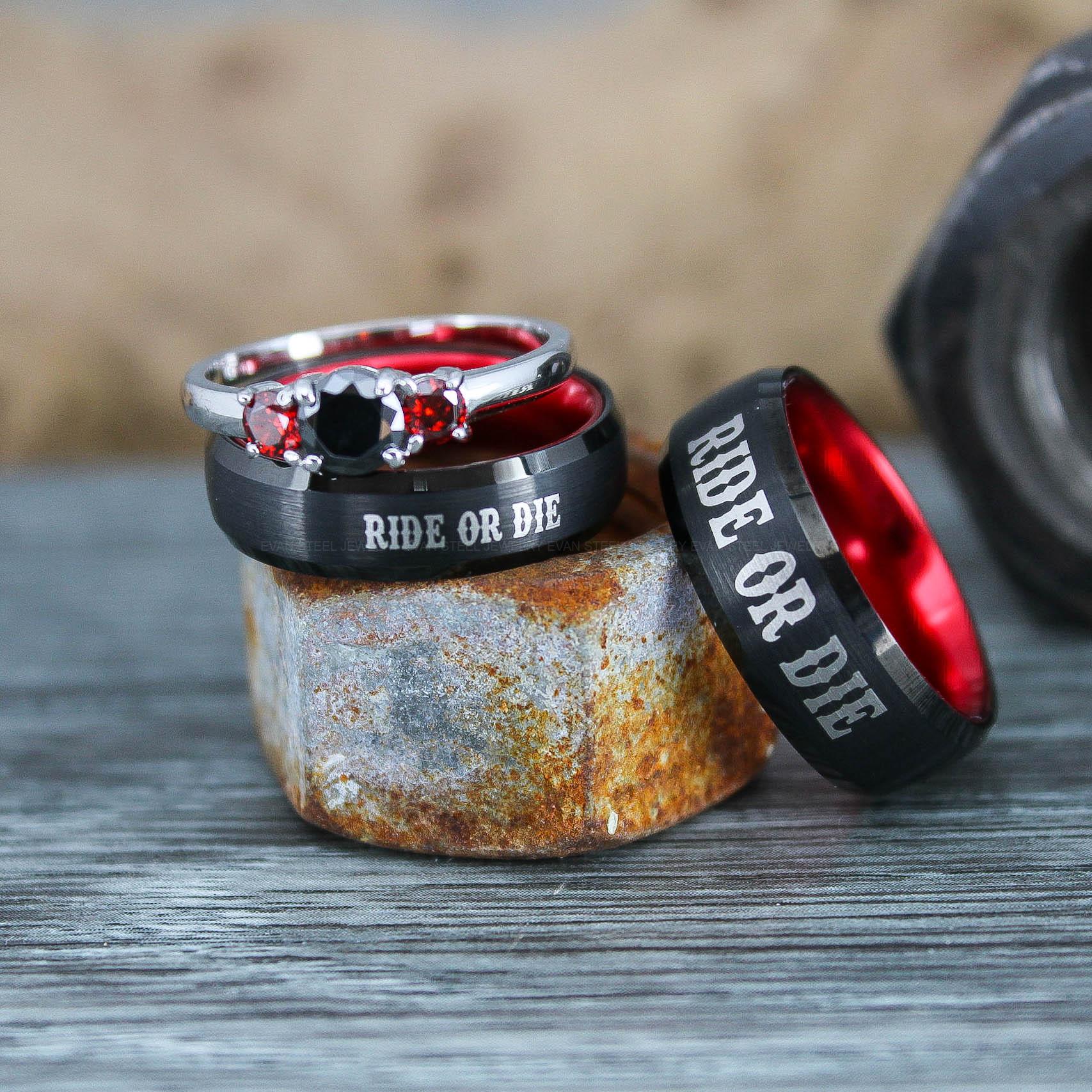 IMG_0590 Ride or Die Rings, Ride or Die Wedding Rings, 3 Piece Couple Set Black Tungsten Bands, 3mm .925 Sterling Silver Three Stone Engagement Ring - Image 1