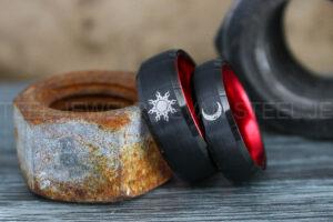 Sun and Moon Rings, Couple Rings, 2 Piece Couple Set Black Tungsten Bands, Matching Wedding Rings, Sun and Moon Wedding Bands, Sun Ring