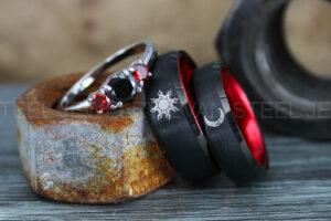 Sun and Moon Rings, Couple Rings, 3 Piece Couple Set Black Tungsten Bands, Matching Wedding Rings, Sun and Moon Wedding Bands, Sun Ring