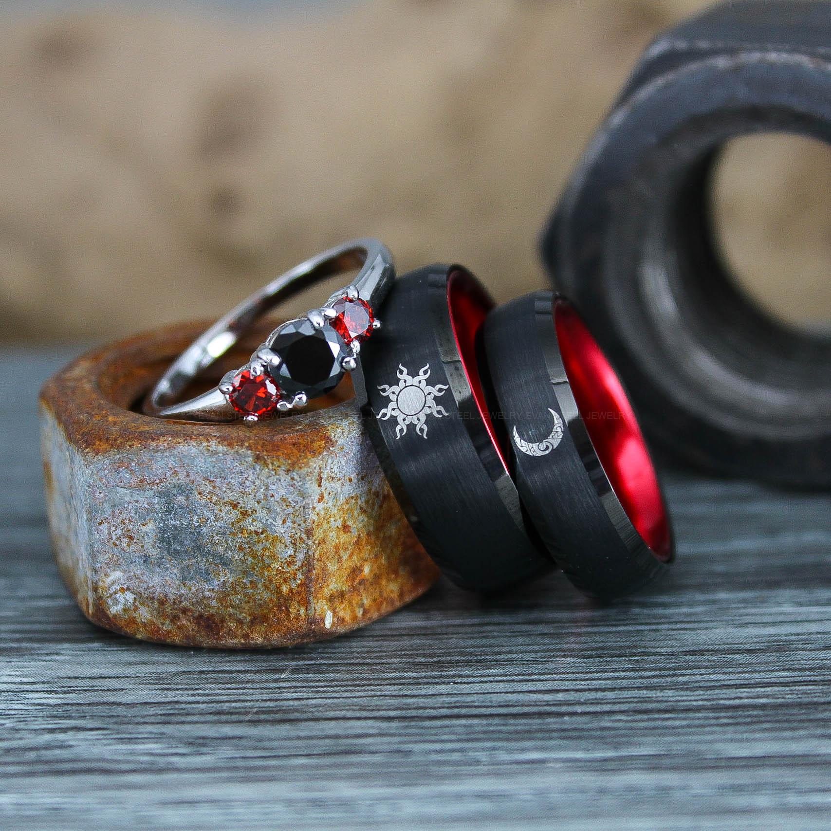 IMG_0593 Sun and Moon Rings, Couple Rings, 3 Piece Couple Set Black Tungsten Bands, Matching Wedding Rings, Sun and Moon Wedding Bands, Sun Ring - Image 1