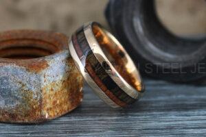 Wood Ring, Wood Wedding Band, 8mm 14K Rose Gold Tungsten Band with Domed Edge Koa Wood Inlay Rose Gold Tungsten Wedding Band Rose Gold Ring