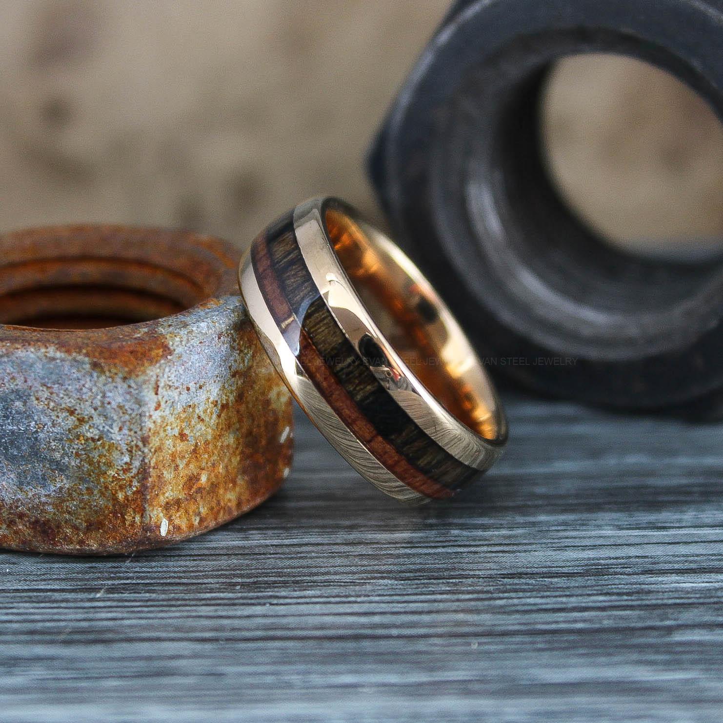 IMG_0605 Wood Ring, Wood Wedding Band, 8mm 14K Rose Gold Tungsten Band with Domed Edge Koa Wood Inlay Rose Gold Tungsten Wedding Band Rose Gold Ring - Image 1