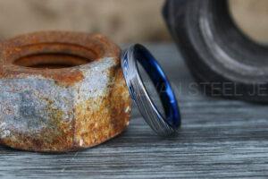 Damascus Steel Ring, Damascus Steel Wedding Ring, Damascus Steel Wedding Band, Blue Wedding Ring, Blue Damascus Steel Wedding Ring