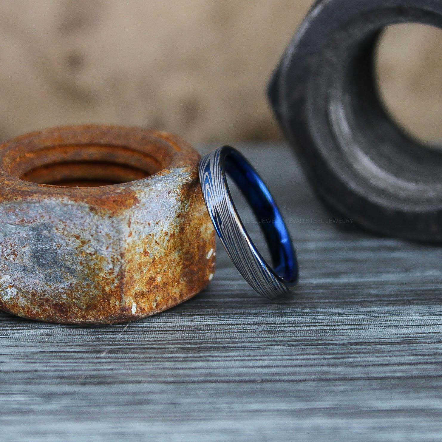 IMG_0611 Damascus Steel Ring, Damascus Steel Wedding Ring, Damascus Steel Wedding Band, Blue Wedding Ring, Blue Damascus Steel Wedding Ring - Image 1